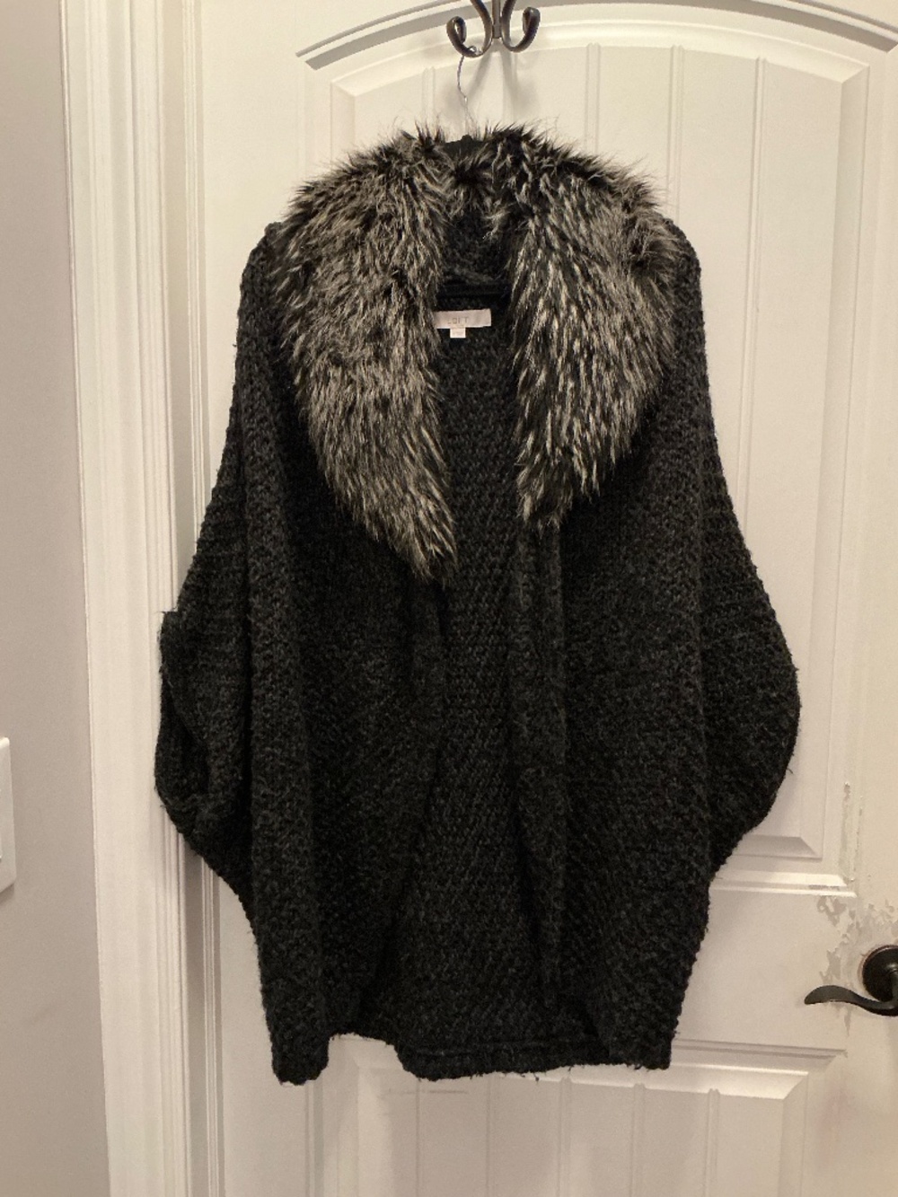 Loft Fur Collared Black Charcoal Poncho Sweater